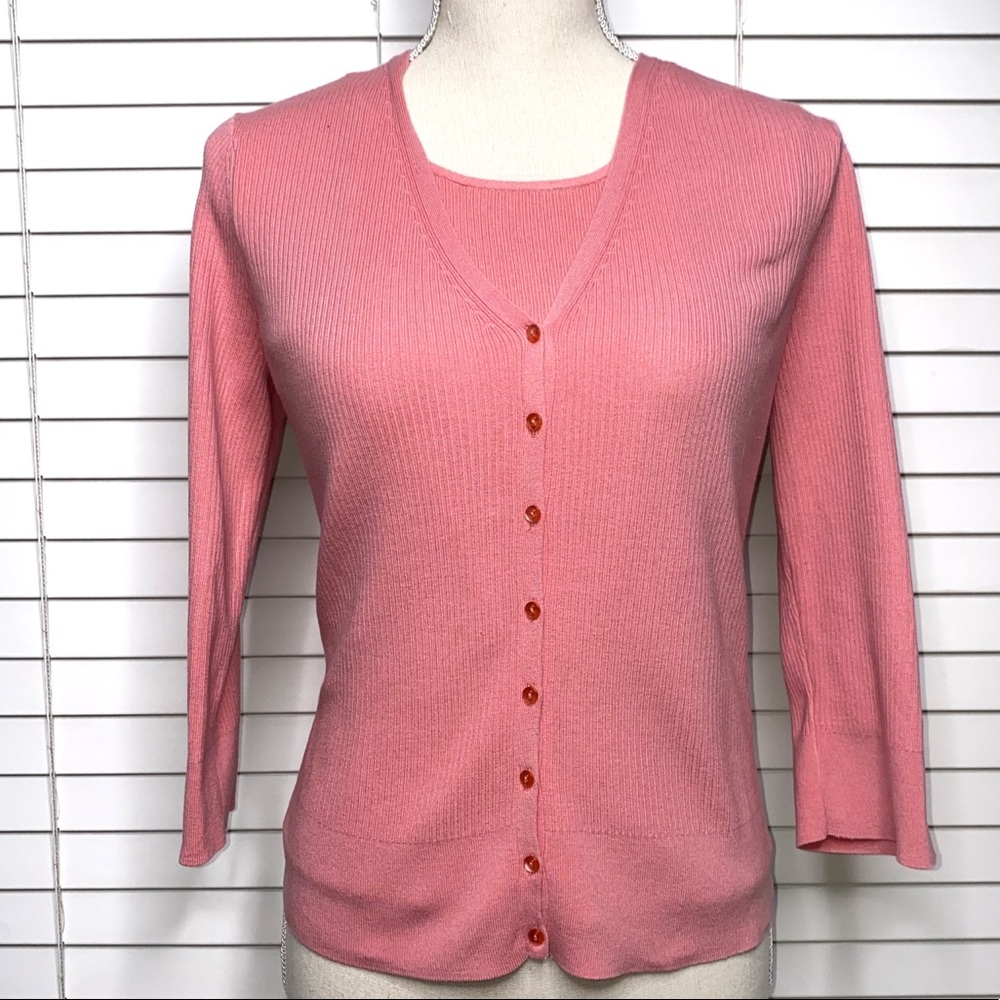 Talbots Pink Ribbed V-Neck Cardigan with Matching Shell - Picture 4 of 8